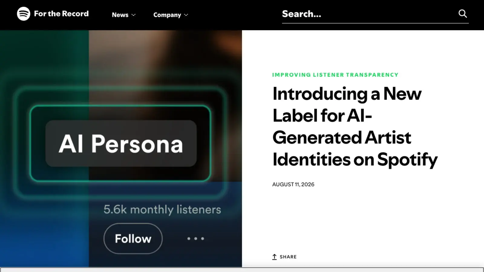 Spotify For the Record newsroom post dated 11 August 2026 headlined Introducing a New Label for AI-Generated Artist Identities on Spotify, showing the AI Persona badge on an artist profile