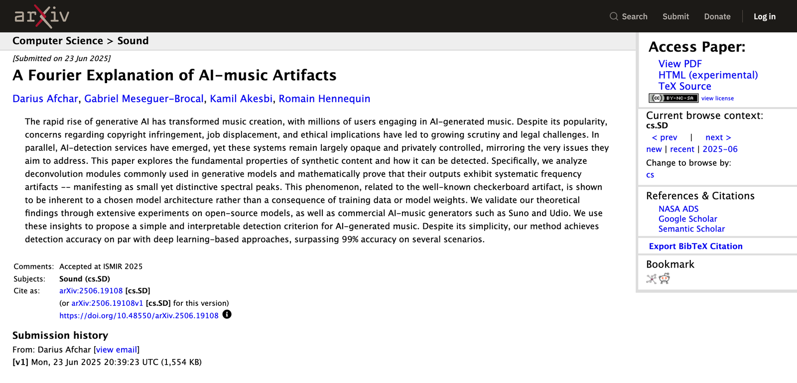 The arXiv abstract page for A Fourier Explanation of AI-music Artifacts by Afchar, Meseguer-Brocal, Akesbi and Hennequin, describing systematic frequency artifacts manifesting as small yet distinctive spectral peaks and detection surpassing 99% accuracy on several scenarios