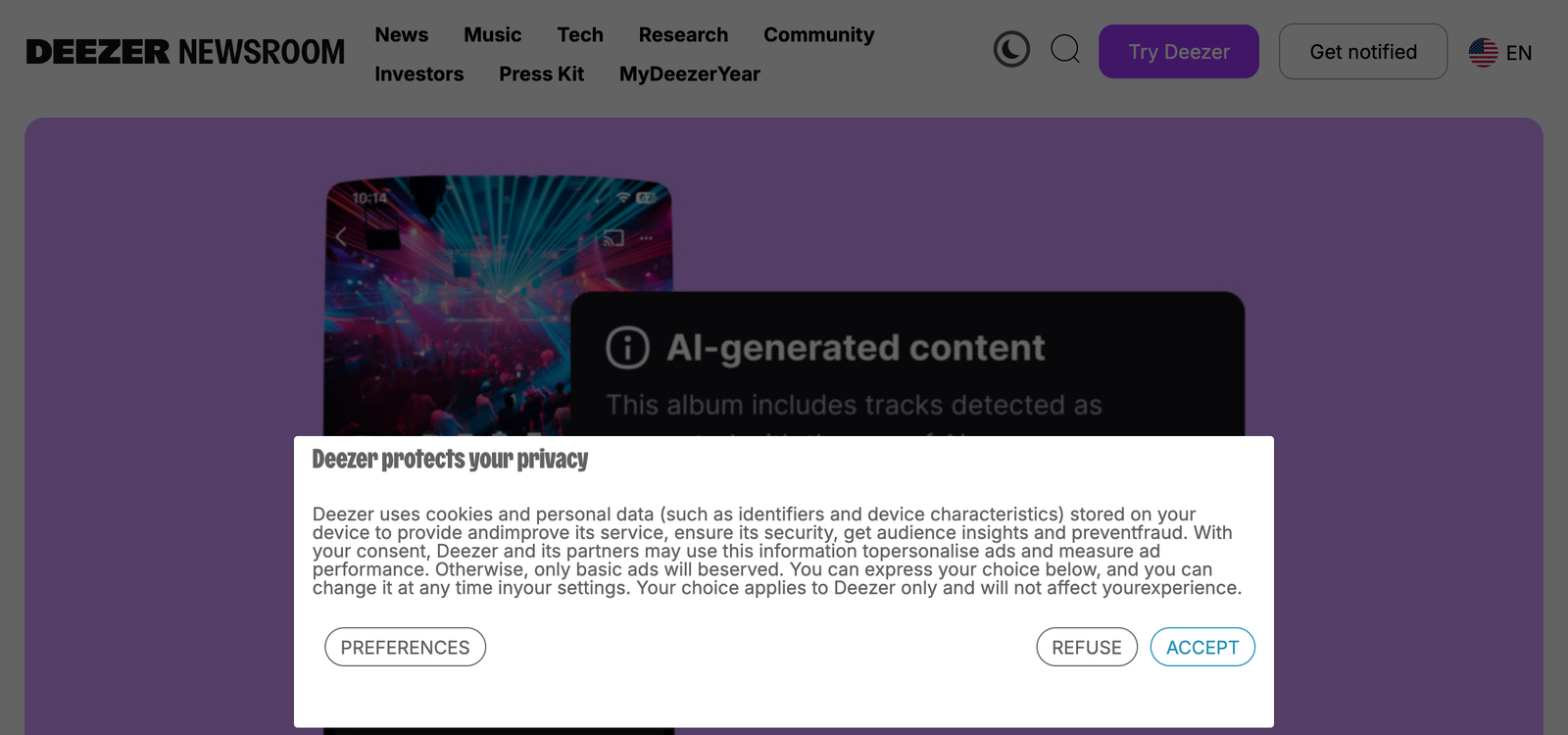 The Deezer Newsroom article reporting that fully AI-generated tracks now exceed 50% of daily uploads to the platform