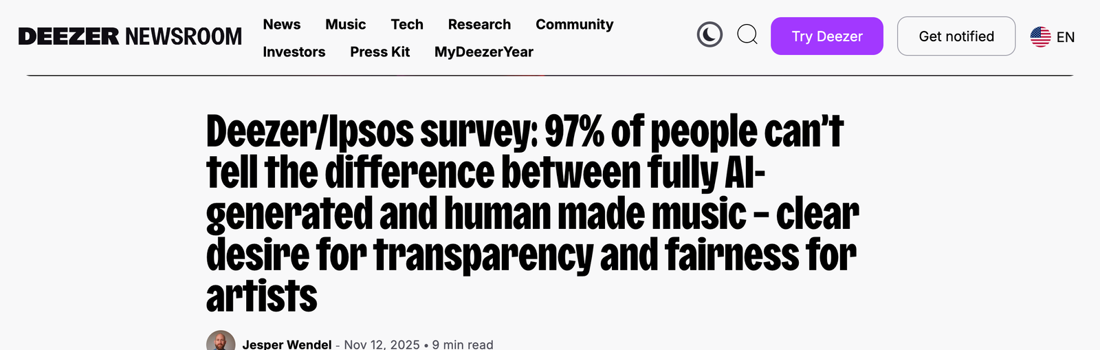 The Deezer Newsroom headline reading Deezer slash Ipsos survey, 97% of people cannot tell the difference between fully AI-generated and human made music, with a clear desire for transparency and fairness for artists, dated 12 November 2025