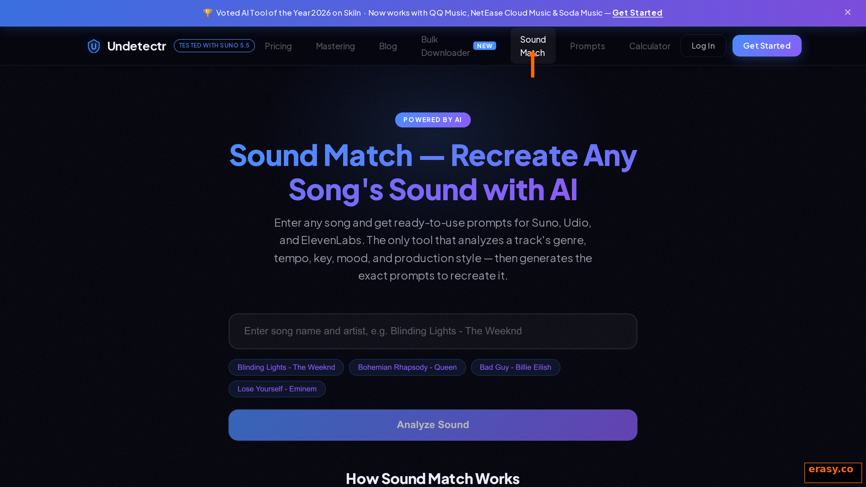 Undetectr Sound Match analysing a track and generating Suno, Udio and ElevenLabs prompts to recreate its sound