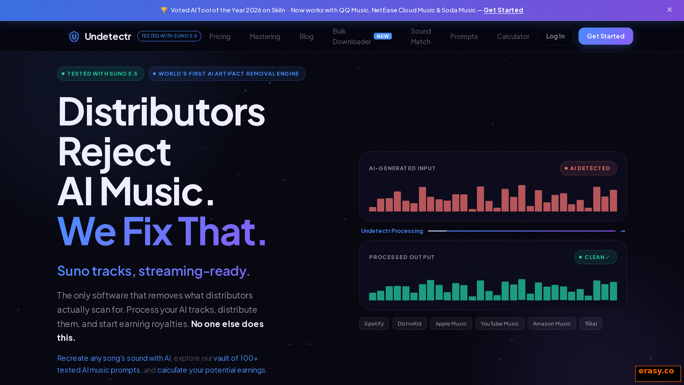 Undetectr homepage showing an AI generated input flagged as AI detected being processed into a clean output accepted by Spotify, DistroKid, Apple Music and YouTube Music