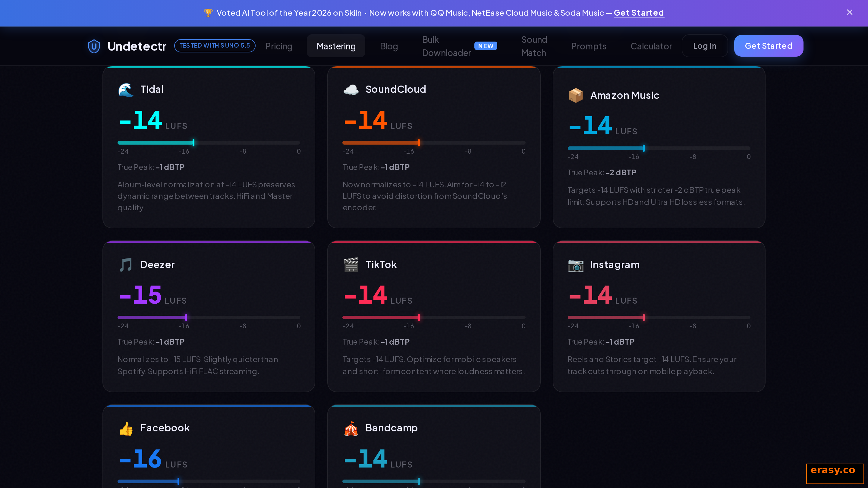 Undetectr per-platform mastering targets showing LUFS specifications and true peak ceilings for Tidal, SoundCloud, Amazon Music, Deezer, TikTok and Instagram