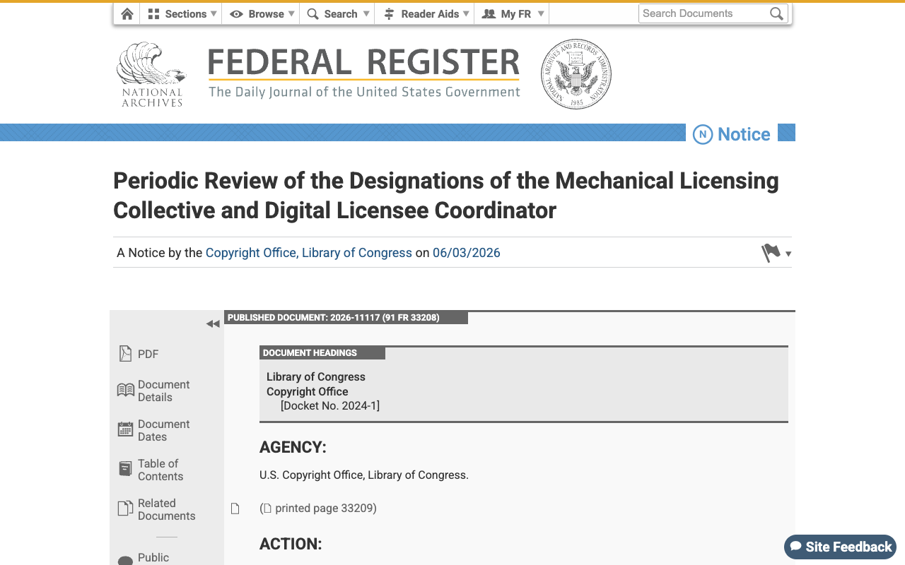 The Federal Register notice of the Copyright Office's periodic review of the Mechanical Licensing Collective designation, published 3 June 2026