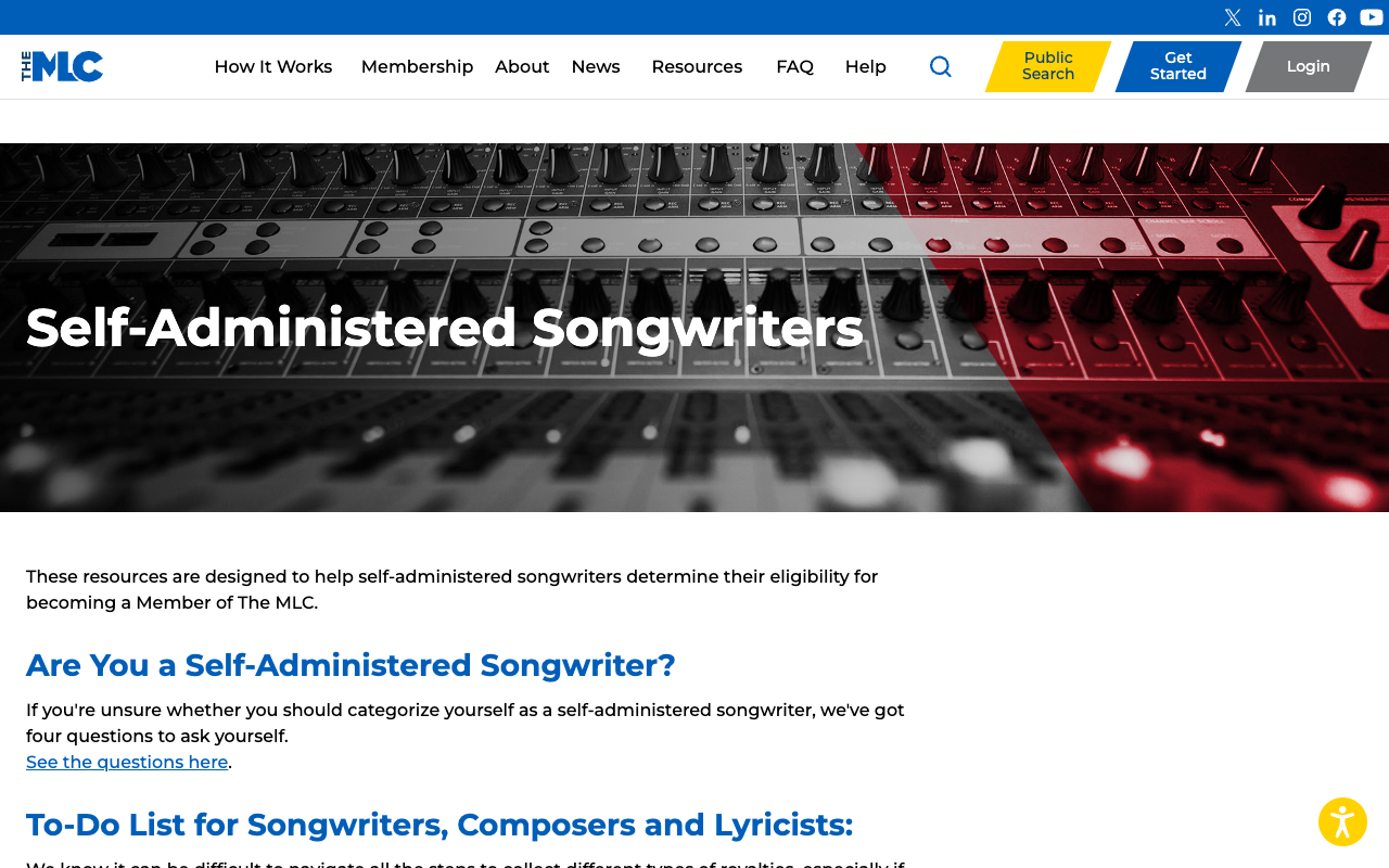 The Mechanical Licensing Collective's Self-Administered Songwriters page, the eligibility and to-do resource for songwriters joining without a publisher