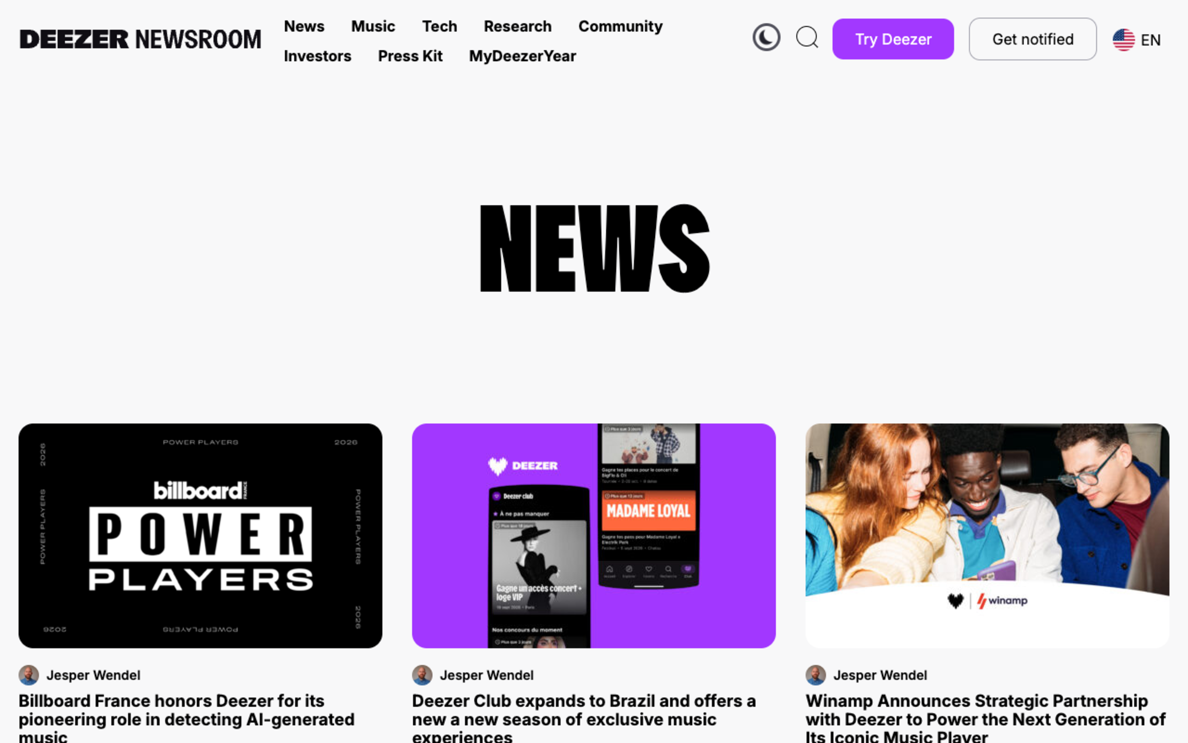 The Deezer Newsroom news page, its lead story headed Billboard France honors Deezer for its pioneering role in detecting AI-generated music
