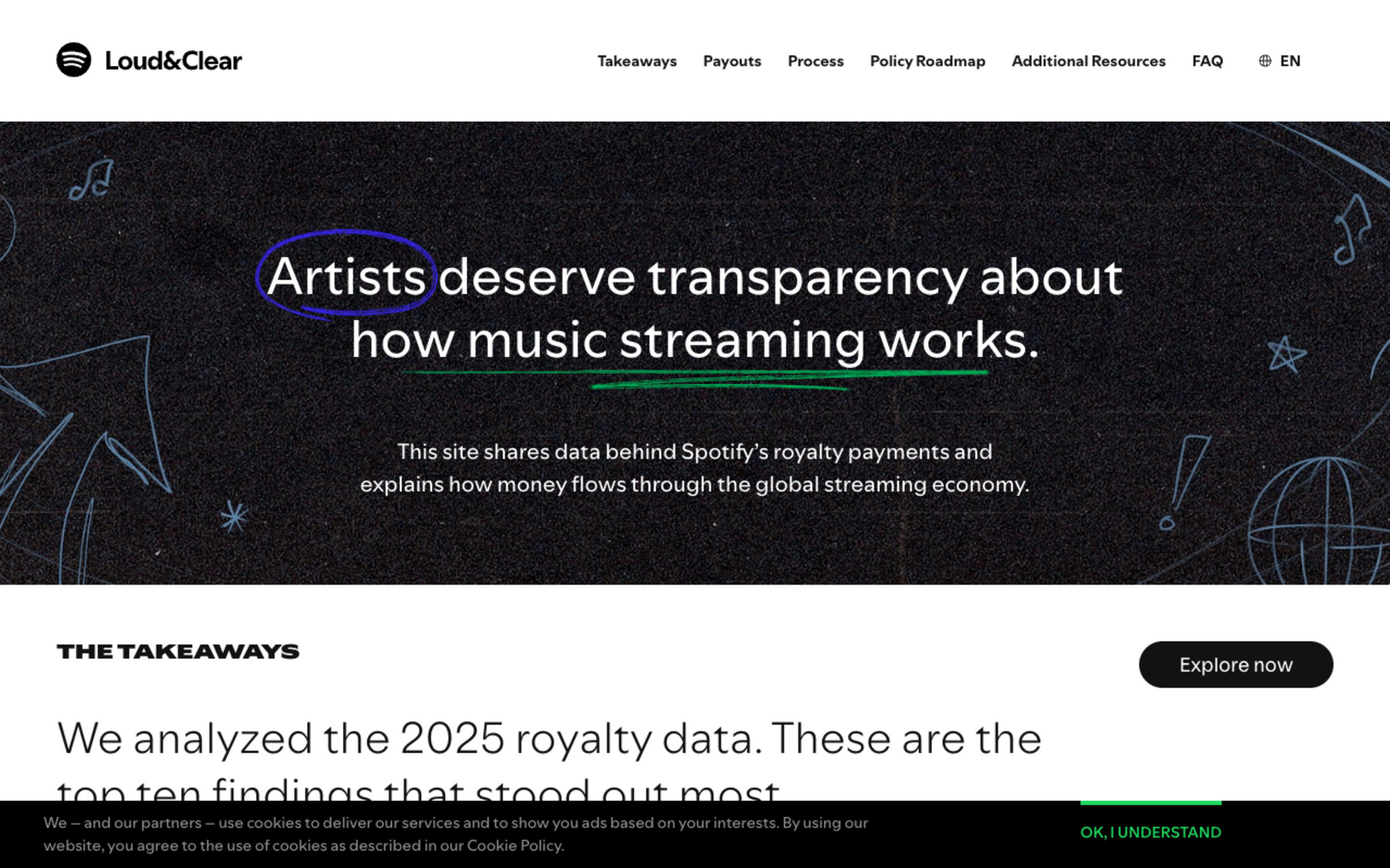 Spotify's Loud and Clear site, headed Artists deserve transparency about how music streaming works, stating that the site shares the data behind Spotify's royalty payments and that it analysed the 2025 royalty data