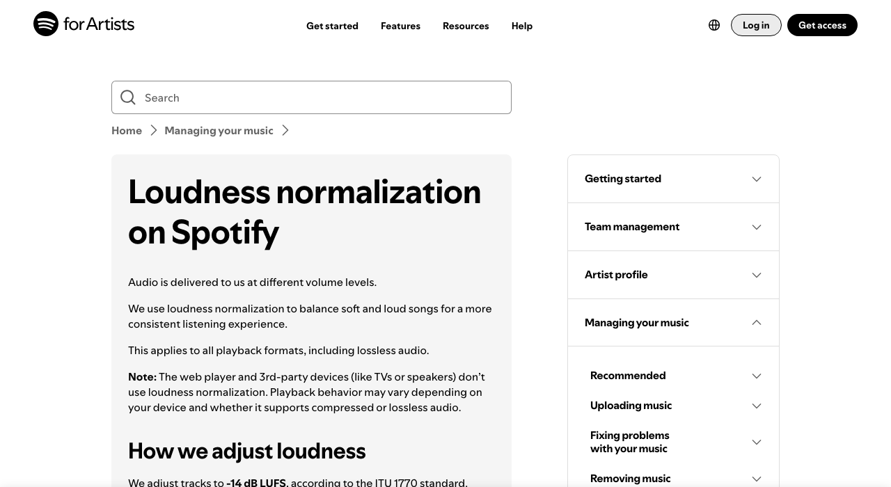 Spotify for Artists loudness normalization help page stating that tracks are adjusted to minus 14 dB LUFS according to the ITU 1770 standard