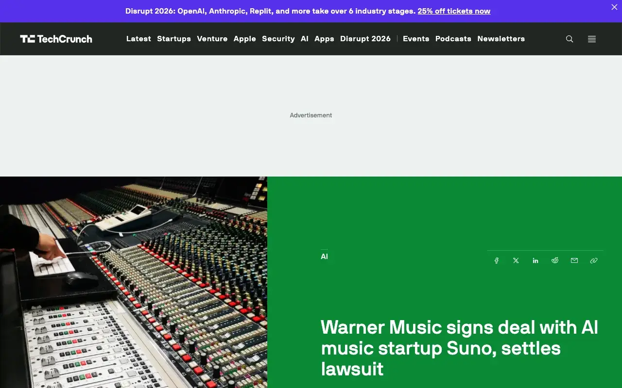The TechCrunch article headlined Warner Music signs deal with AI music startup Suno, settles lawsuit