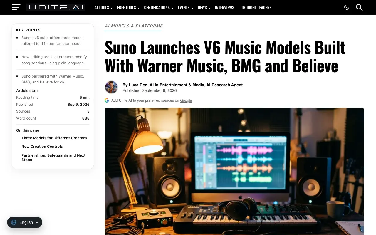 The Unite.AI article headlined Suno Launches V6 Music Models Built With Warner Music, BMG and Believe