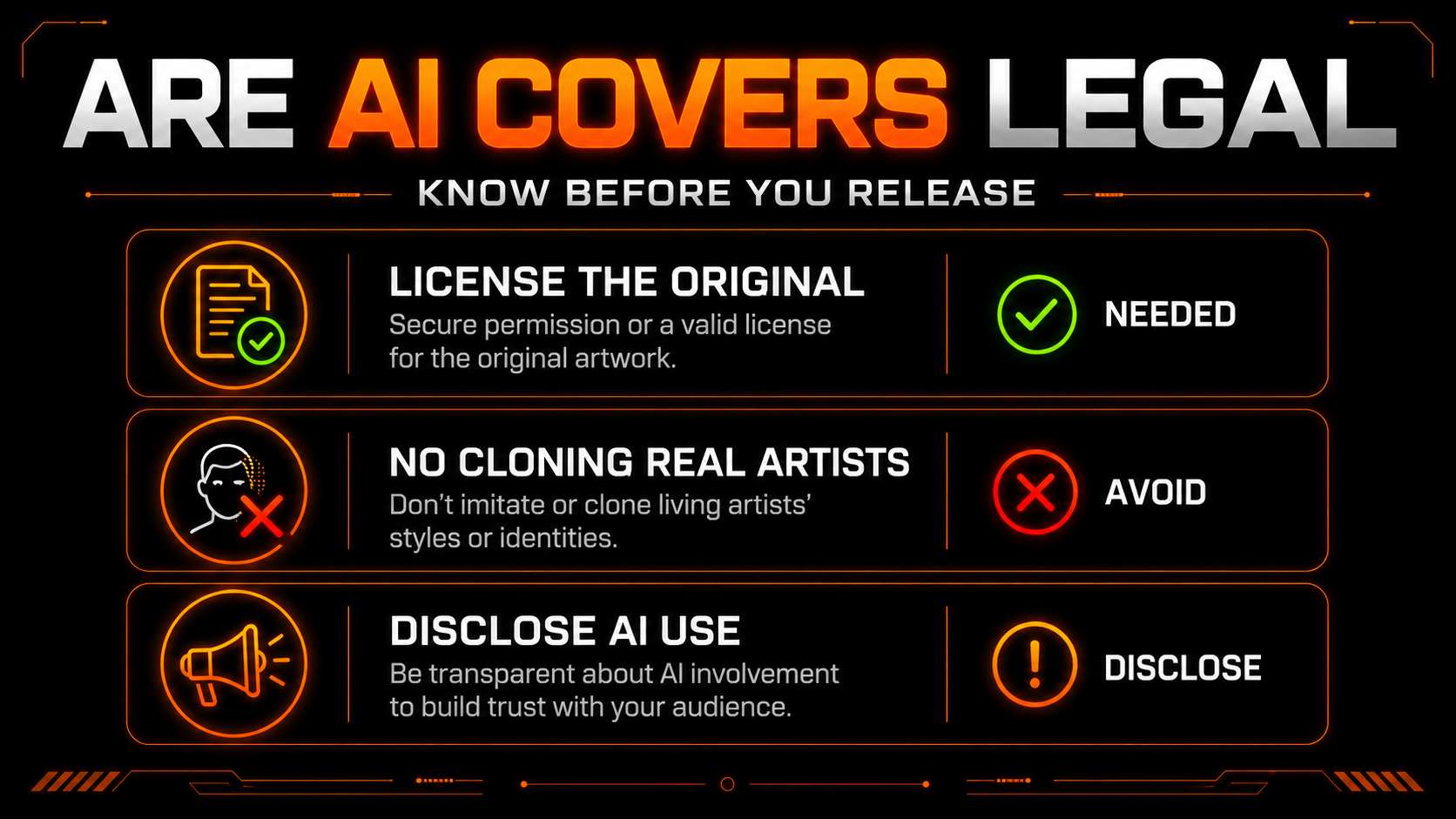 Are AI covers legal: you need to license the original song, avoid cloning real artists, and disclose AI use before you release