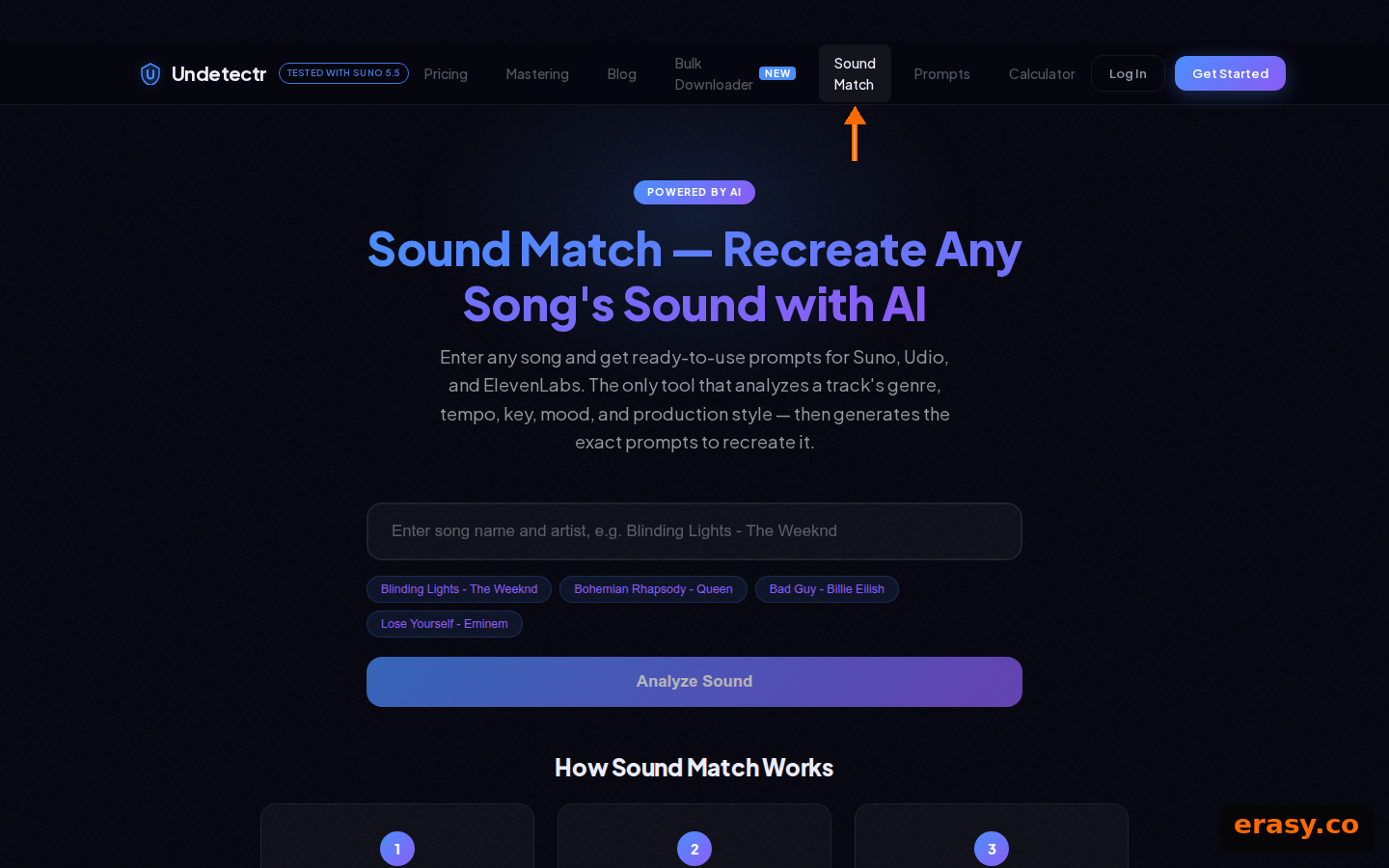 Undetectr Sound Match generating Suno, Udio and ElevenLabs prompts from a reference song