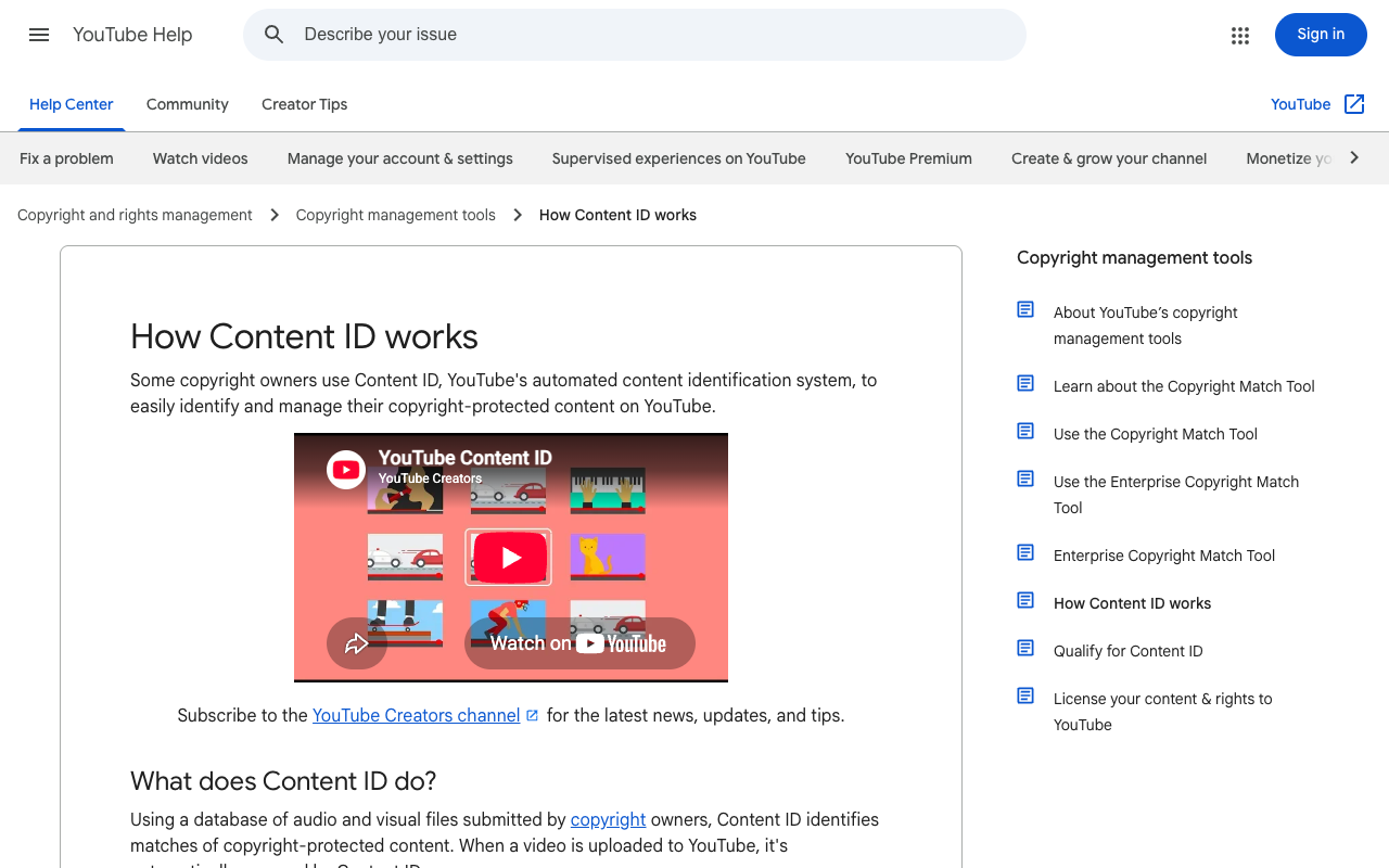 YouTube Help page titled How Content ID works, describing Content ID as YouTube's automated content identification system that matches uploads against a database of audio and visual files submitted by copyright owners