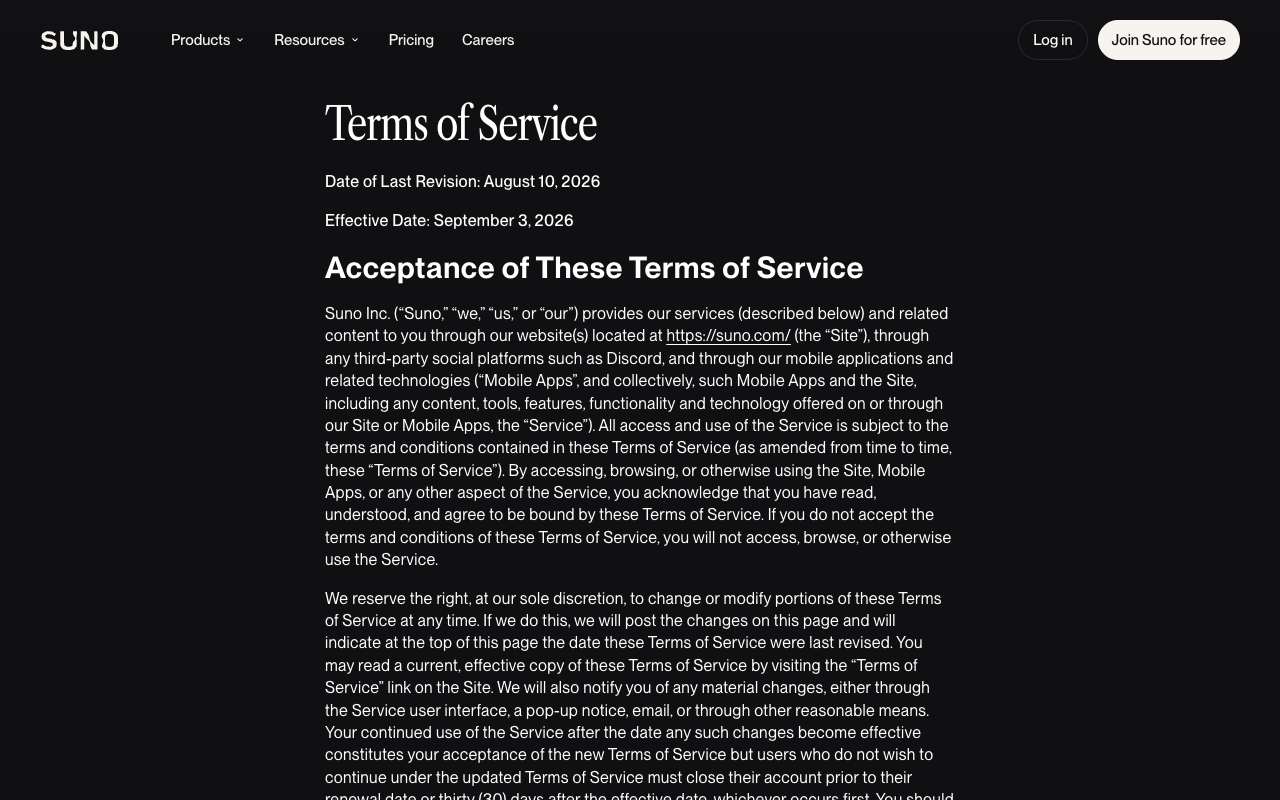 Suno Terms of Service page showing a date of last revision of August 10, 2026 and an effective date of September 3, 2026 above the Acceptance of These Terms of Service section