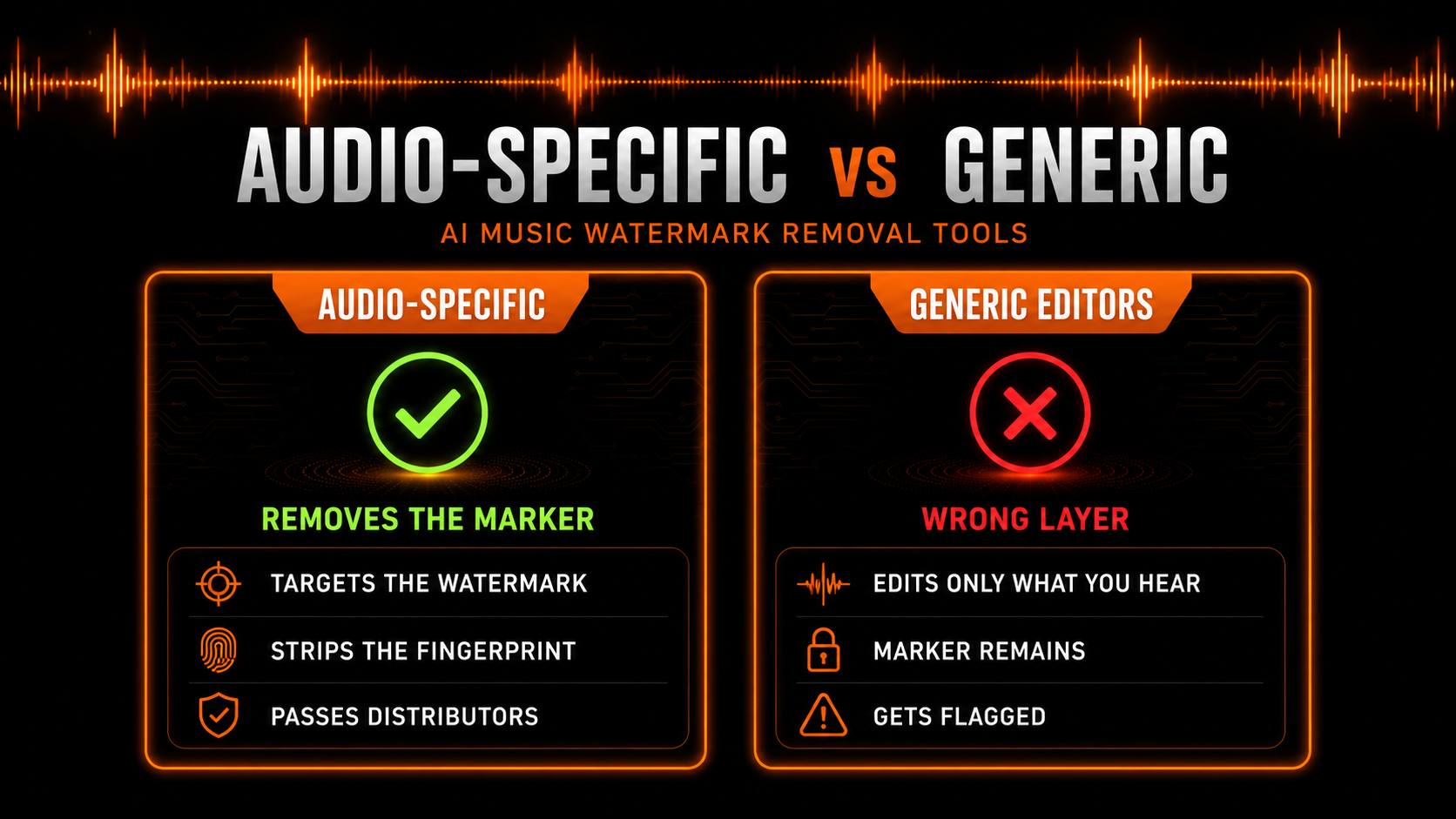 Audio-specific removers versus generic editors: purpose-built tools target the watermark and pass distributors, generic editors work the wrong layer so the marker remains and the track gets flagged