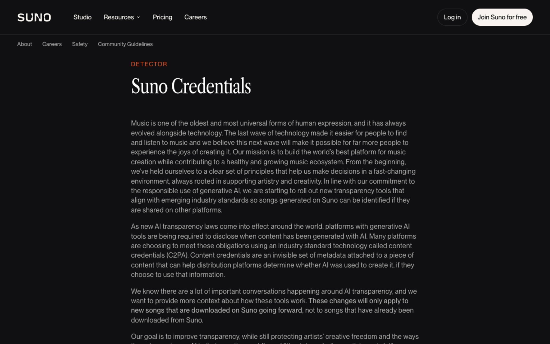 Screenshot of Suno's Credentials page stating that content credentials are an invisible set of metadata attached to a piece of content, and that the changes will only apply to new songs downloaded on Suno going forward, not to songs already downloaded
