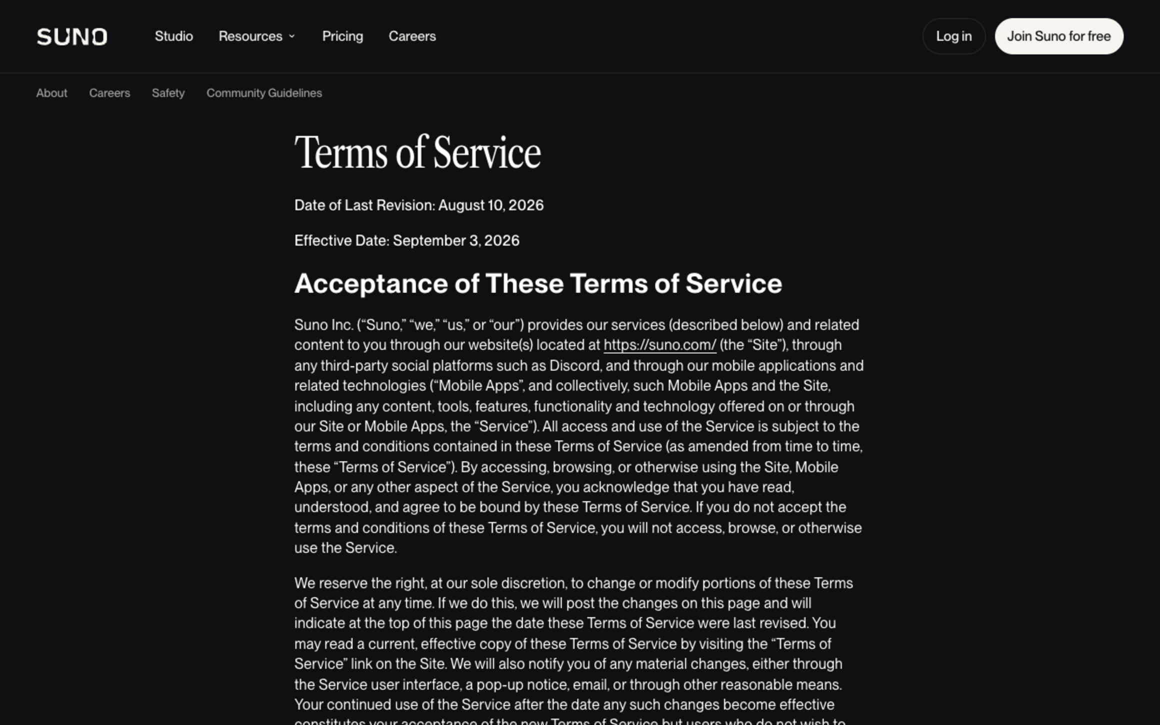 Screenshot of Suno's Terms of Service header showing a Date of Last Revision of August 10 2026 and an Effective Date of September 3 2026