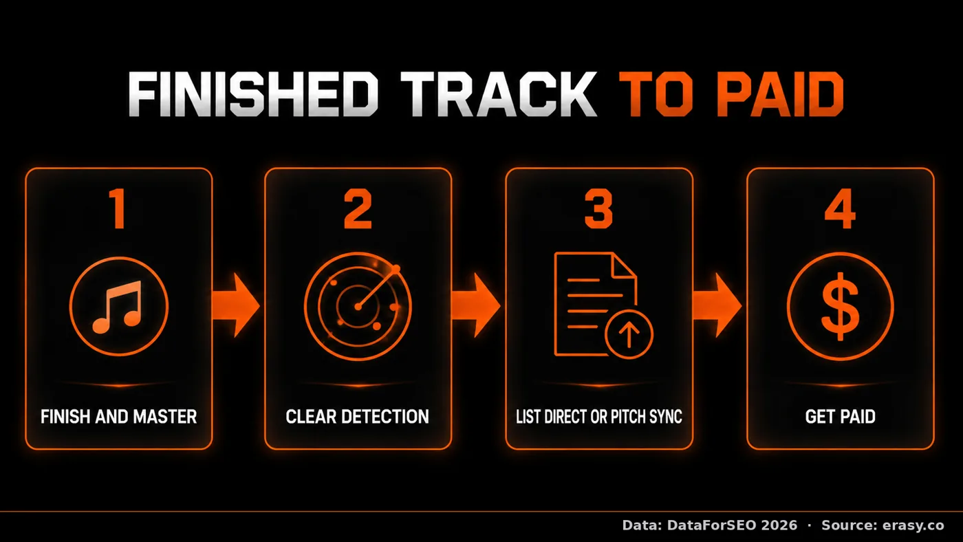 The path from finished track to paid: finish and master, clear detection, list direct or pitch sync, then get paid.