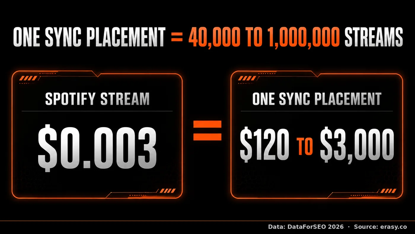 One sync placement equals 40,000 to 1,000,000 Spotify streams. At $0.003 per stream, a $120 placement equals 40,000 streams and a $3,000 placement equals 1,000,000 streams.
