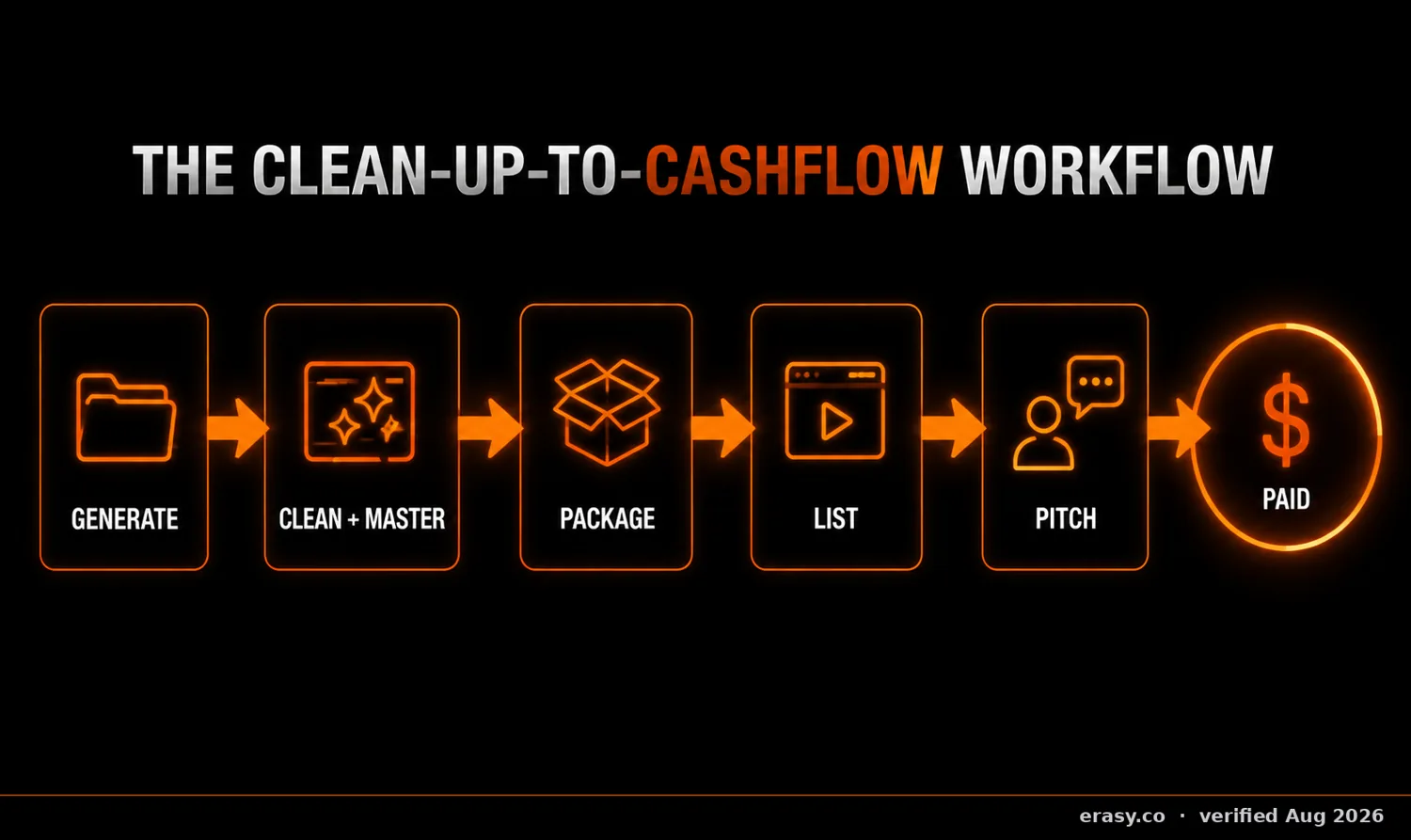 The clean-up-to-cashflow workflow: generate, clean and master, package, list, pitch, then paid.