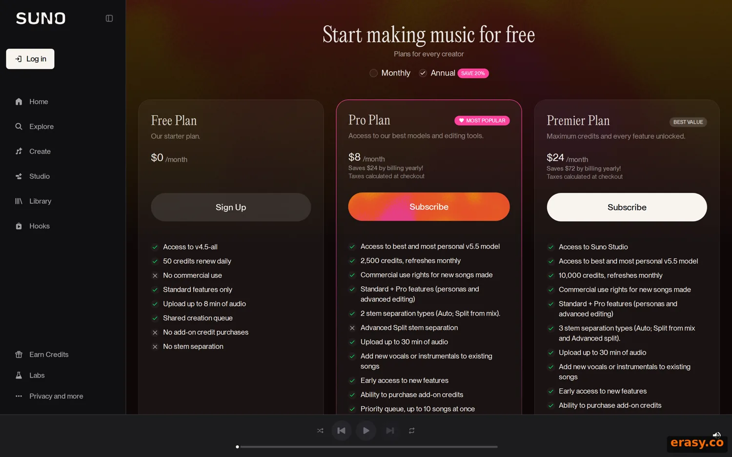 Suno's pricing page, August 2026: the Free plan lists 'No commercial use', while the Pro and Premier plans list 'Commercial use rights for new songs made'.