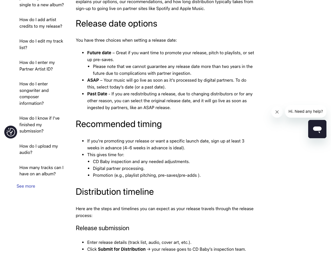 CD Baby help-centre page on setting a release date, showing Release date options for a future date, ASAP or a past date, and a Recommended timing section advising sign-up at least 3 weeks in advance with 4 to 6 weeks called ideal, to leave time for CD Baby inspection and any needed adjustments, digital partner processing and promotion
