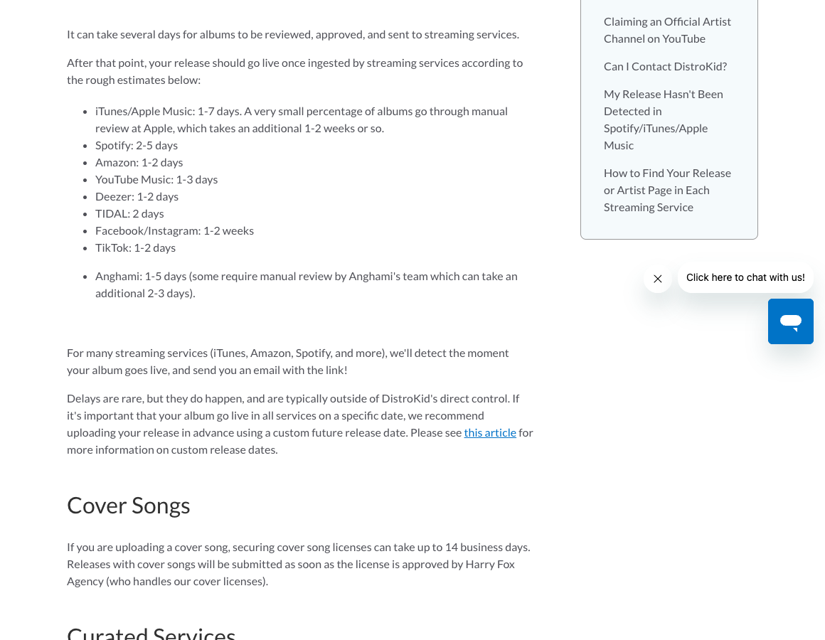 DistroKid help-centre page listing how long each streaming service takes after a release is sent: iTunes and Apple Music 1-7 days with a very small percentage going through manual review taking an additional 1-2 weeks, Spotify 2-5 days, Amazon 1-2 days, YouTube Music 1-3 days, Deezer 1-2 days, TIDAL 2 days, Facebook and Instagram 1-2 weeks, TikTok 1-2 days and Anghami 1-5 days