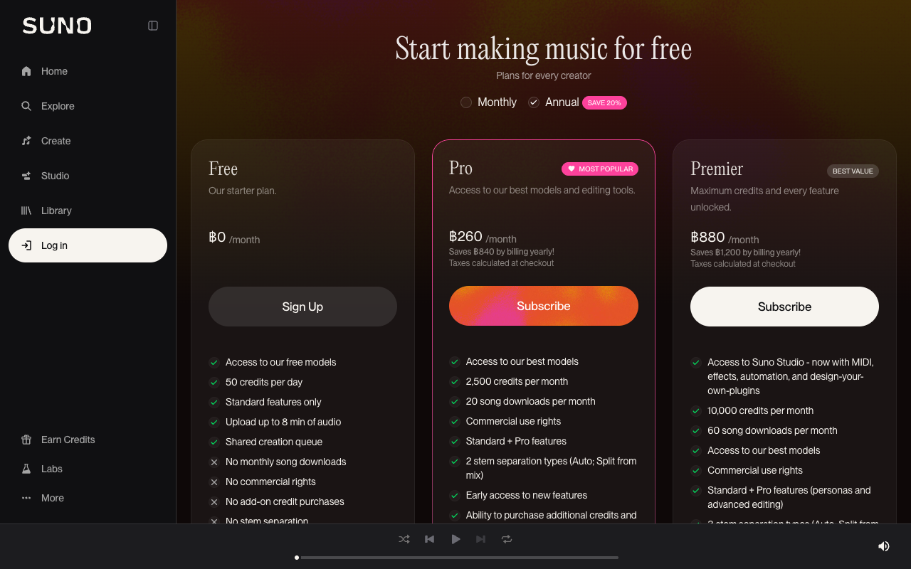 Screenshot of the Suno pricing page showing three plans: Free with 50 credits per day and no monthly song downloads, Pro with 2,500 credits per month and 20 song downloads per month, and Premier with 10,000 credits per month and 60 song downloads per month.