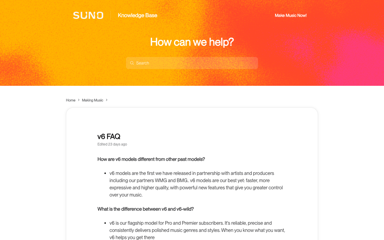 Screenshot of Suno's v6 FAQ knowledge base article, showing the question how are v6 models different from other past models and the answer that v6 models are the first released in partnership with artists and producers including WMG and BMG.