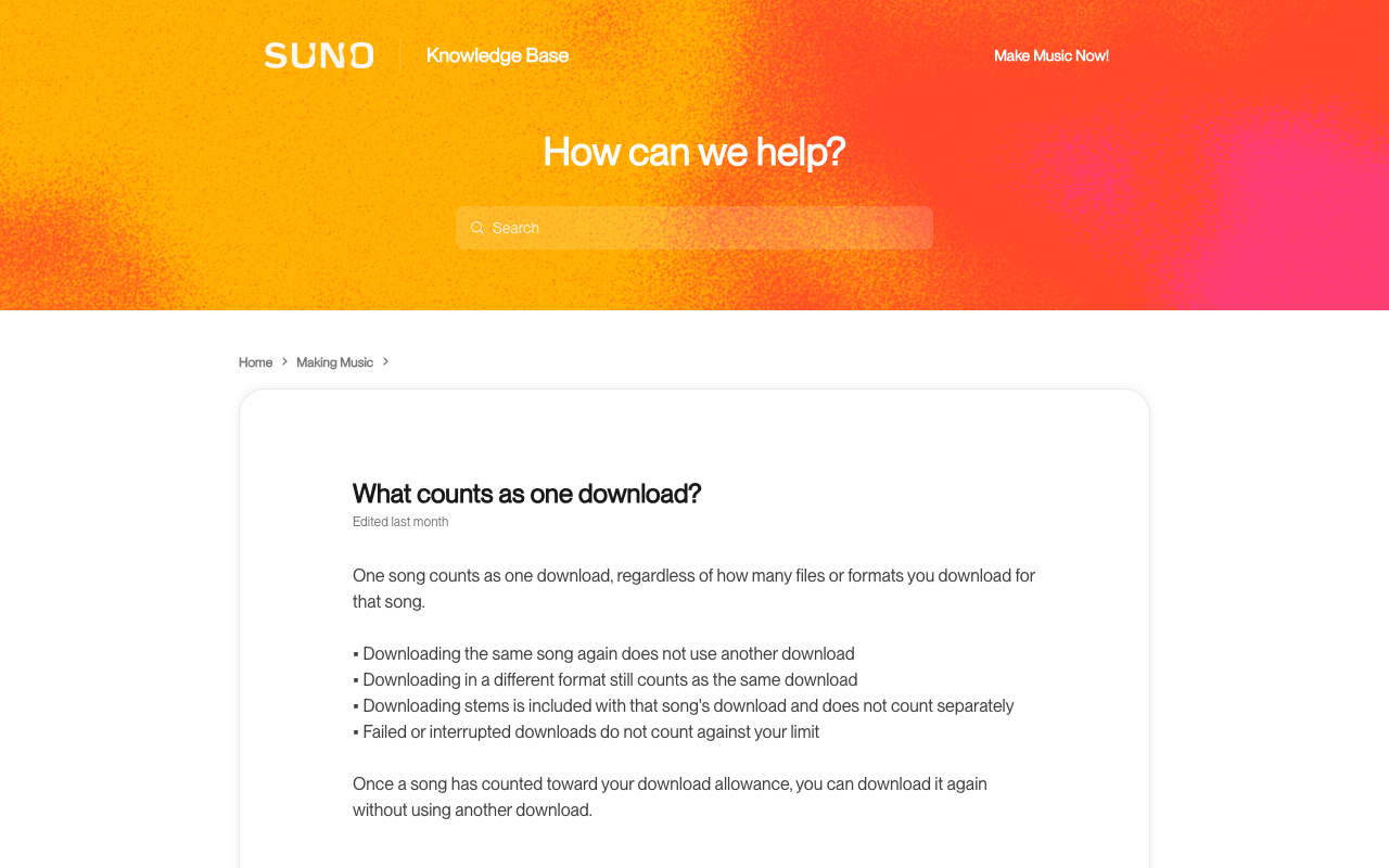 Screenshot of the Suno Knowledge Base article What counts as one download?, edited last month, stating that one song counts as one download regardless of how many files or formats you download for that song, that downloading the same song again does not use another download, that a different format still counts as the same download, that stems are included in that song's download, and that failed or interrupted downloads do not count against your limit