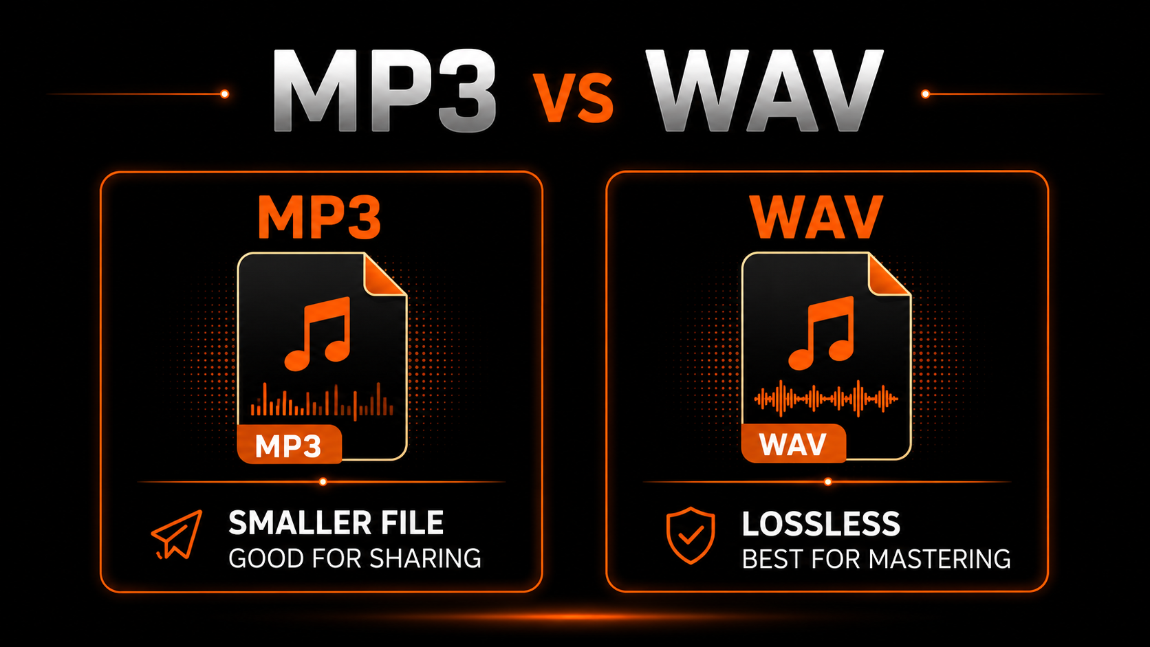 MP3 vs WAV: MP3 is a smaller file good for sharing, WAV is lossless and best for mastering