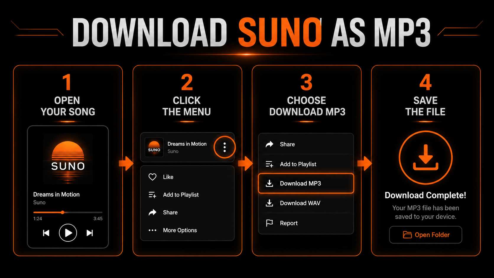 Download Suno as MP3 in four steps: open your song, click the menu, choose Download MP3, and save the file