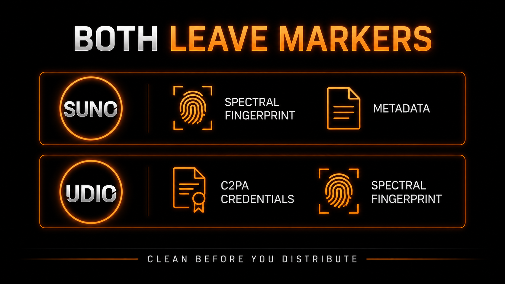 Both Suno and Udio leave markers: Suno a spectral fingerprint and metadata, Udio C2PA credentials and a fingerprint — clean before you distribute