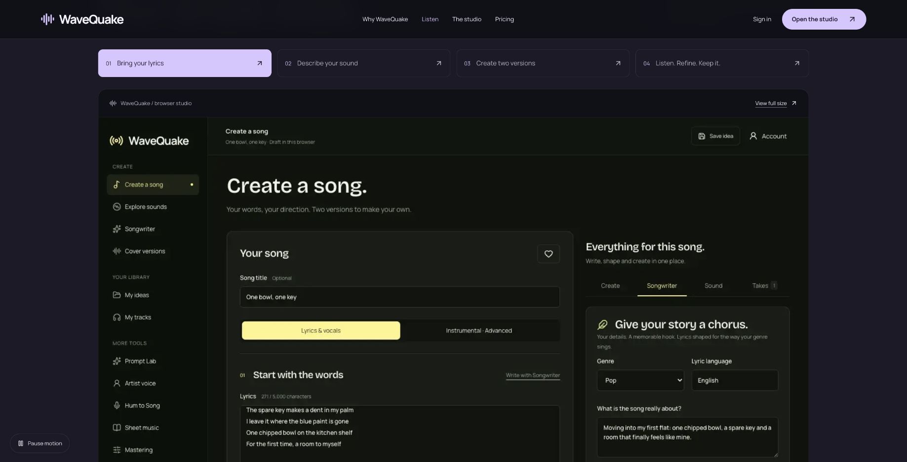 WaveQuake's public tour showing the song editor and inline Songwriter